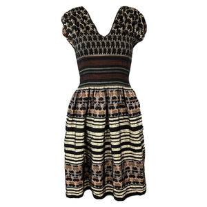 M.S.S.P. Dress Womens Sz S Black Ivory Multi Striped Smocked Cap‎ Sleeve A Line